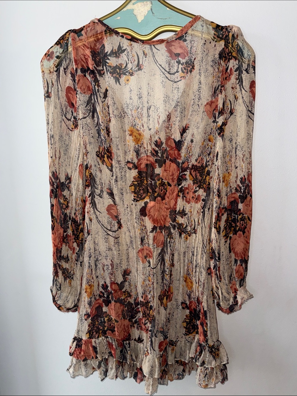 Fairy Floral Ruffle Sheer Long-Sleeve Mini Dress in Rustic Cream